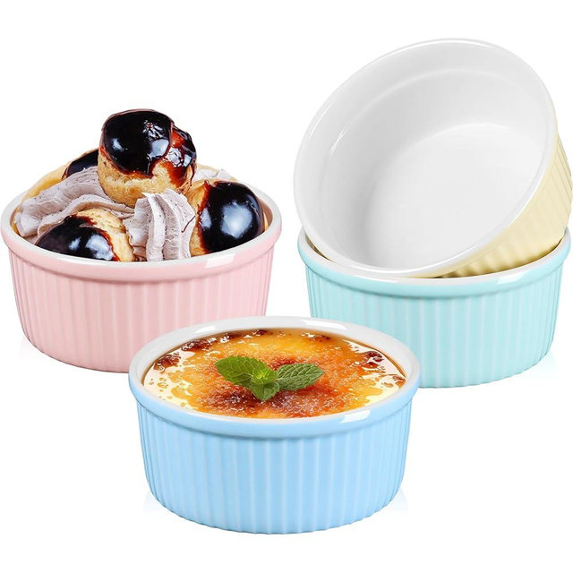 NUTRIUPS Ceramic Ramekins 14oz Oven Safe Set of 4, Porcelain Pudding Cups for Creme Brulee Souffle, Ceramic Ramekins Set for Baking (Yellow+Pink+Blue+Mint Green)