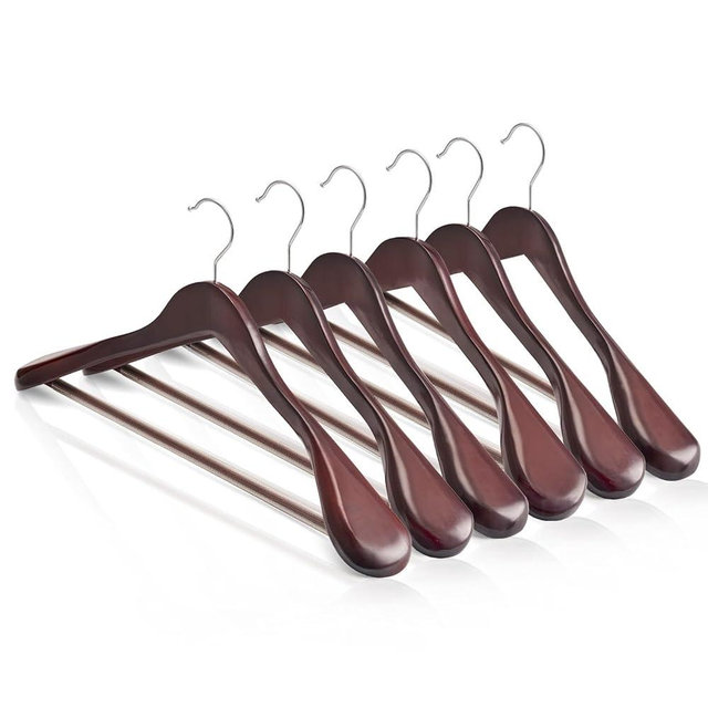 HOUSE DAY Wood Suit Hangers for Men, Wide Shoulder Wooden Hangers with Non Slip Pants Bar, Smooth Retro Finish 360° Swivel Hook Solid Wood Coat Hangers for Heavy Clothes Hanger 6 Pack (Cherry Wood)
