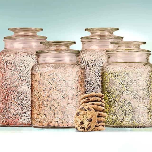 4pc Glass Canisters Set for Kitchen Counter with Airtight Lids - Retro Design - Pantry Organization Food Storage Containers for Cookies, Tea, Sugar, Candy Jars, Sugar Packet Holders.