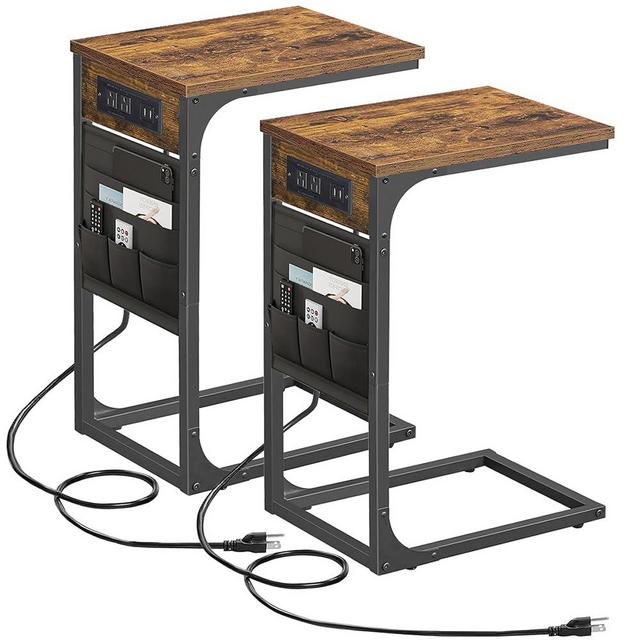 TUTOTAK Slim End Table with Charging Station, Side Table with 2 USB Ports and Outlets, C-Shaped Snack Table with Cloth Bag, Set of 2, TV Tray Table, Couch Table TB01BB0242