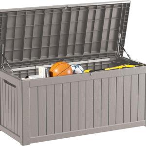 Outdoor Storage Box Waterproof, 270 Gallon Lockable Resin Deck Box Large, Patio Storage Bin for Pool Accessories Cushion Furniture, Garden Tools, UV-Resistant Outside Delivery Grey