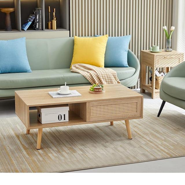 Forsho Rattan Coffee Table Mid Century Modern Coffee Table with Storage 41.3 Inch Wooden Accent Center Sofa Table with Sliding Woven Door Panel and Solid Wood Legs Perfect for Living Room