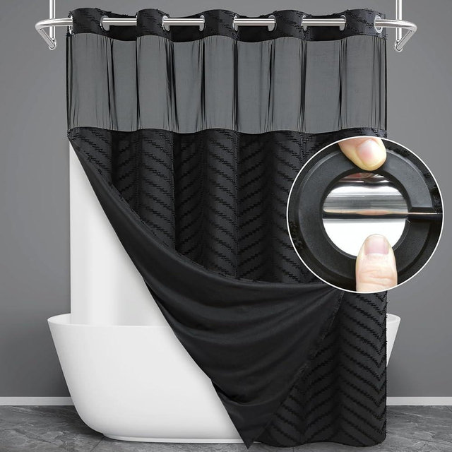 WONICY No Hook Shower Curtain with Snap in Liner, Tufted Chevron Striped Shower Curtain Set for Bathroom, Boho Waterproof and Washable Shower Curtains, 71Wx74H, Black