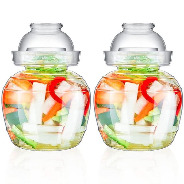 2 Pcs Glass Fermentation Crock Traditional Fermentation Jar Pickle Jar Kimchi Containers Fermenting Pickle Pot Fermentation Tank with Water Seal Airlock Lid for Wine Brewing Sauerkraut Vegetable 1.5 L