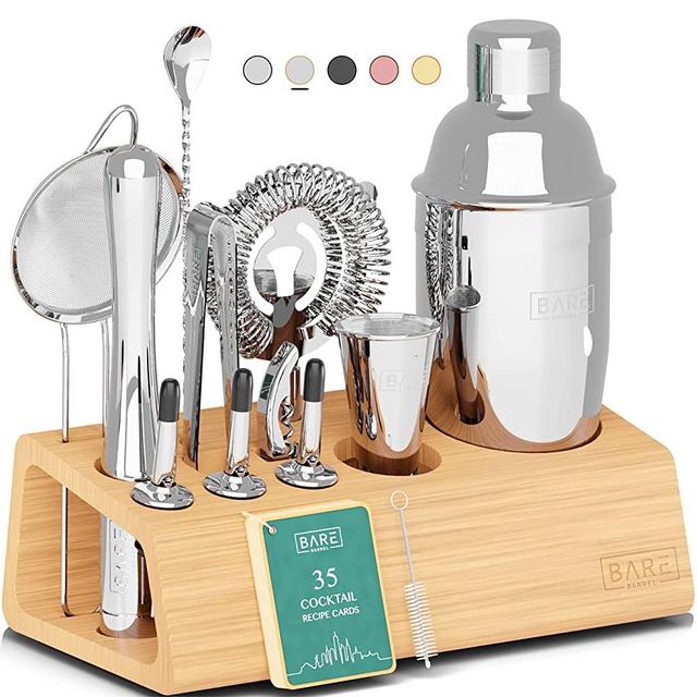 Bartender Kit | 14-Piece Cocktail Shaker Set with Bamboo Stand Great for Home Drink Mixing | Cobbler Bar Set Made of Rustproof Stainless Steel Tools | Recipe Cards Included (Bamboo Silver)