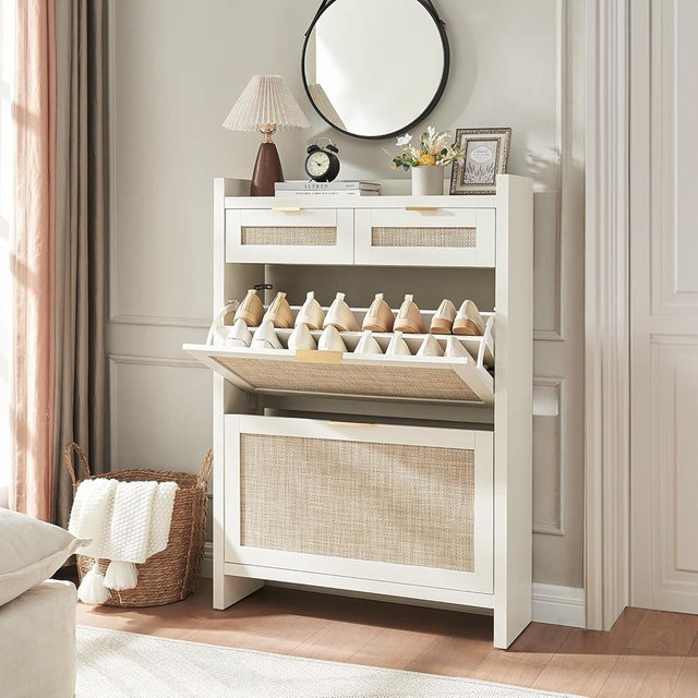 HOKYHOKY Rattan Shoe Storage Cabinet with 2 Drawers & 2 Flip Drawers – Hidden Slim Shoe Organizer for Entryway, Large Tabletop Space, Farmhouse Boho Narrow Shoe Rack, Rustic White