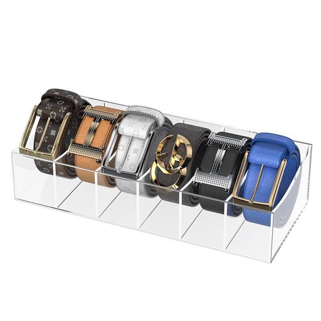 KDSKSC Belt Organizer, Acrylic Belt Storage Holder for The Closet and Drawer, 6 Compartments Belt Container Clear Display Case for Tie and Bow Tie