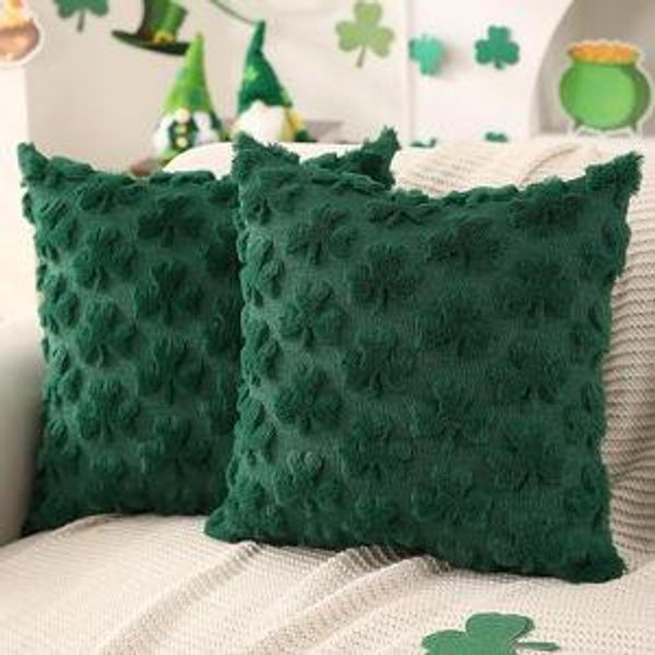 DFXSZ St Patricks Day Pillow Covers 20x20 inch Set of 2 St Patricks Day Decorations Green Shamrock Soft Plush Faux Fur Jacquard Throw Pillows for Bedroom Sofa Holiday Festivals Home Decor PTK021A20