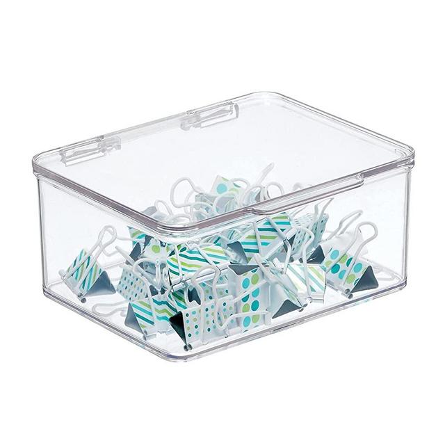mDesign Small Mini Plastic Stackable Home, Office Supplies Storage Organizer Box with Attached Hinged Lid - Holder Bin for Note Pads, Gel Pens, Staples, Dry Erase Markers, Tape - Clear