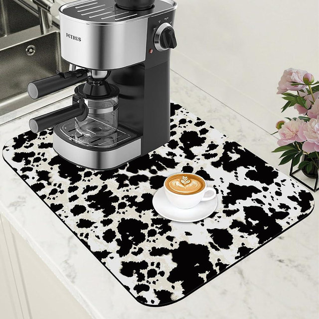 POIUBLE Dish Drying Mat Cow Print Coffee Bar Mat for Countertop Absorbent Hide Stain Rubber Backed Dish Drainer Rack Pad Espresso Machine Dining Room Decoration 11.8 x 19.7 Inch