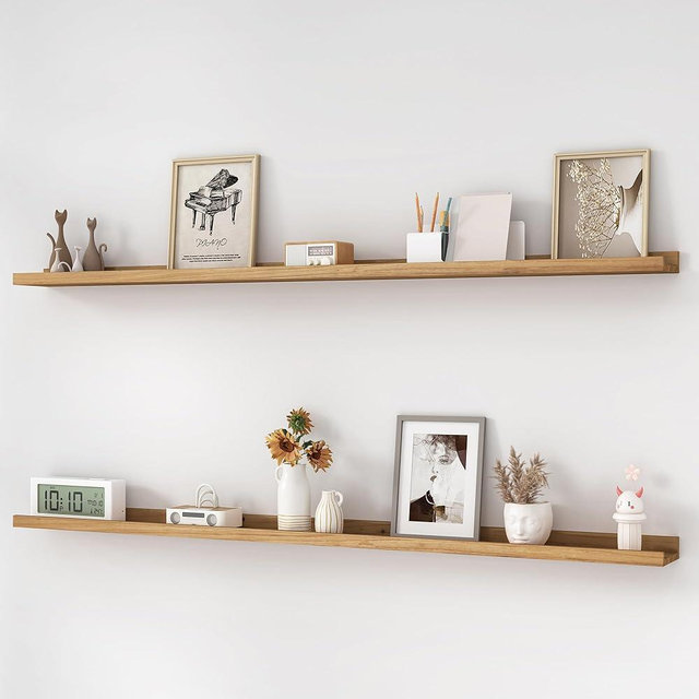 Picture Ledge Shelf, Elm Wood Floating Shelves for Wall, Rustic Wall Storage Shelves with Lip, Kids Bookshelf, Photo & Picture Ledge Shelves for Bedroom, Living Room, Kitchen (Natural, 56in Set 2)