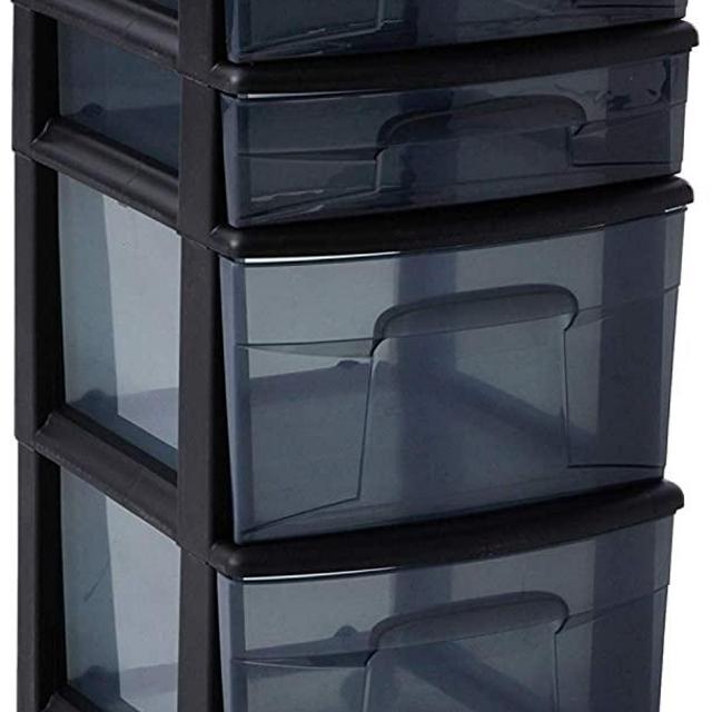 HOMZ Plastic 4 Drawer Medium Cart, Black Frame with Smoke Tint Drawers, Casters Included, Set of 1