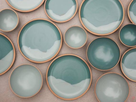 Mountain Design Custom Dinnerware Set in Montara Teal and Bay Fog, Stoneware Dining Set