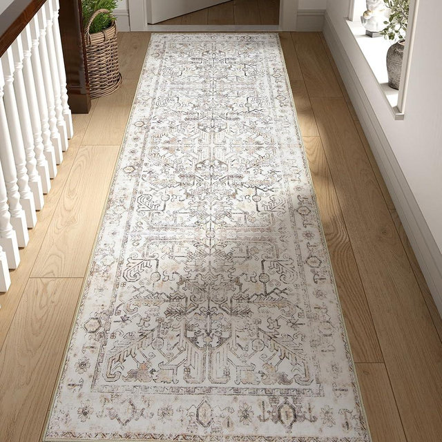jinchan Hallway Runner Rug 2x10 Washable - Vintage Floral Non Slip Low-Pile Soft Ultra-Thin Faux Wool Kitchen Rug Distressed Carpet Runner for Farmhouse Bedroom Laundry (2x10ft,Beige)