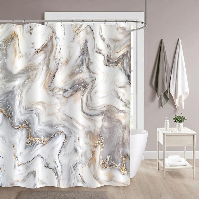 MitoVilla Grey Gold Marble Shower Curtain 72 x 78, Abstract Modern Long Shower Curtain Set with Hooks, Grey Blue Shower Curtain for Bathroom Decor, Fabric Shower Curtain for Standard Bathtub