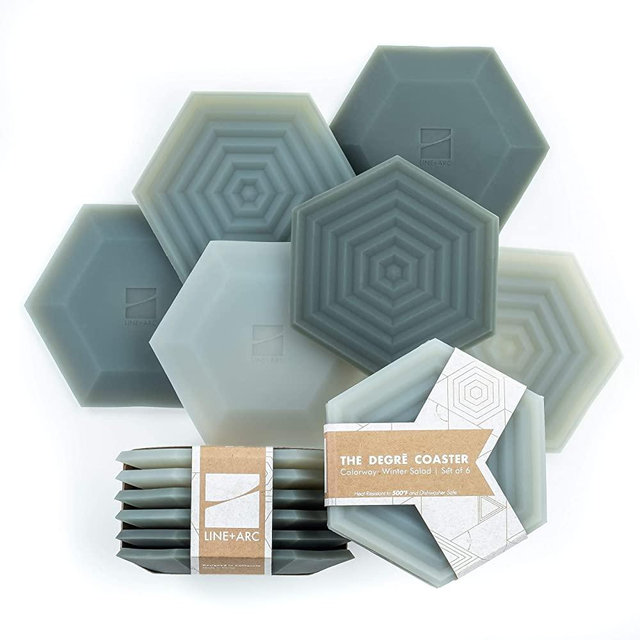 Set of 6 Degrē Coasters (Winter Salad) by LINE+ARC. 10mm thick, Dishwasher Safe, Stain-Resistant, Outdoor, Coffee Table, Silicone, Modern, Hexagon, Mid Century, Cup, Drink, Non-absorbent, Housewarming