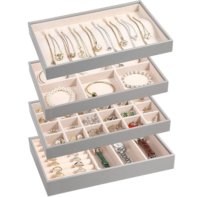LANDICI Stackable Jewelry Organizer Trays 4 Set,PU Leather Jewelry Organizer Drawer,Jewelry Storage Display Tray for Earring Necklace Rings Bracelet with Removable Dividers,Grey