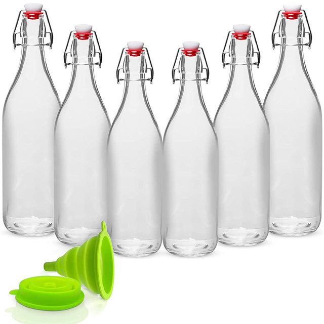 WILLDAN Giara Glass Bottle with Stopper Caps, Set of 6-33.75 Oz Swing Top Glass Bottles for Beverages, Oils, Kombucha, Kefir, Vinegar, Leak Proof Lids