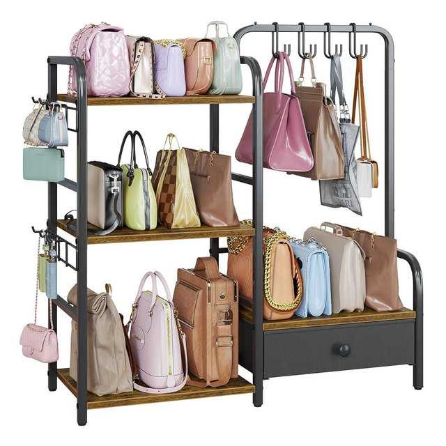 Purse Organizer for Closet, with Bottom Drawer, Extra Large Capacity 3 Tier Handbag Storage Rack for Women, 10 Purse Hanger and Hooks for Bag Organizer, Floor-Standing, Home, Living Room (Black)