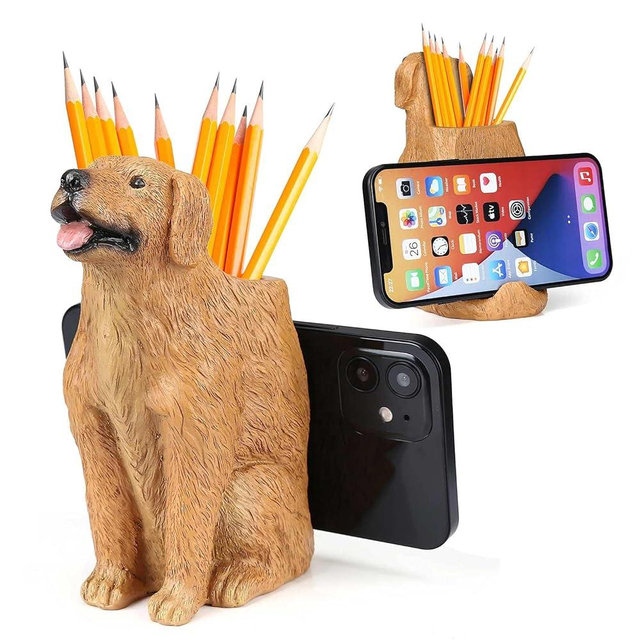 SINWOSAI Pen Pencil Holder with Phone Stand, Resin Holder Desk Organizer Decoration for Office Desk Home Decorative (Dog)