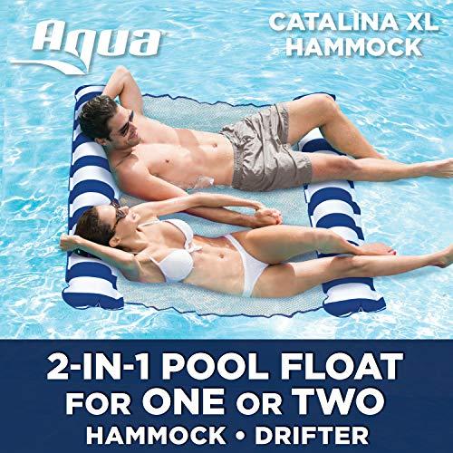 Aqua Catalina XL Hammock, 4-in-1 Multi-Purpose Inflatable 1-2 Person Pool Float, Water Lounge, Navy/White Stripe