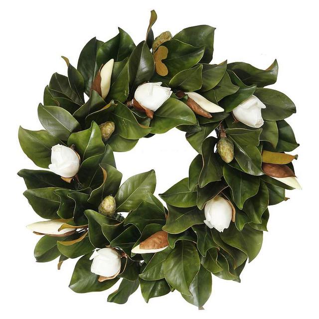 Faux Magnolia Bud Wreath, White/Green, 24"