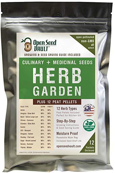 100% NON-GMO Heirloom Culinary and Medicial Herb Kit - 12 popular Easy-to-Grow Herb Seeds by Open Seed Vault - includes 12 seed starting peat pellets!