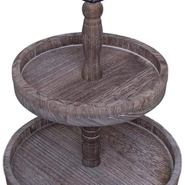 Hallops 2 Tiered Tray Stand - Two Tier Tray Wood Farmhouse, Rustic, Vintage Decor. Table Kitchen Tray Wooden with Metal Round Decorative Handle. Cake, Cupcake, Cookie and Party (Medium - Chic, Coffee)