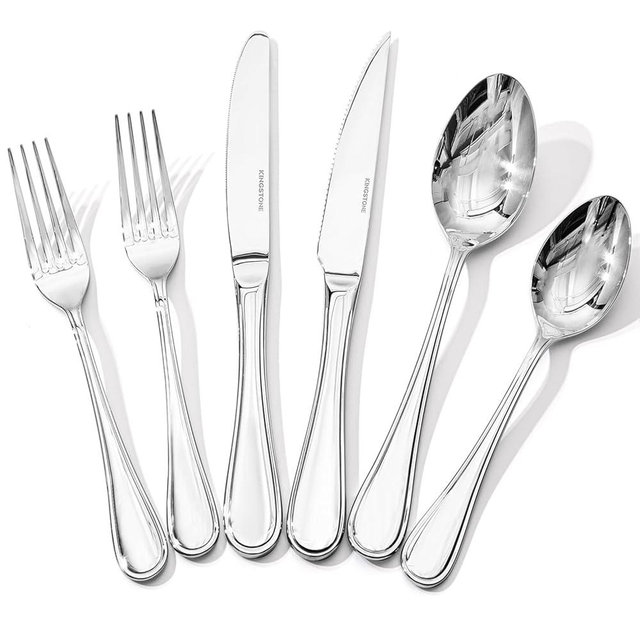 KINGSTONE 48 Piece Teardrop Silverware Set with Steak Knives, 18/10 Stainless Steel Flatware Set for 8, Modern Design Cutlery Set for Home/Hotel/Wedding,Mirror Polished and Dishwasher Safe