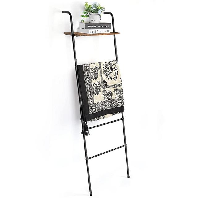 Blanket Ladder Wall Leaning Blanket Rack Farmhouse 5-Tier Metal Blanket Holder with Shelf Bath Towel Storage for Bathroom Quilt Bedroom Living Room Pool Black