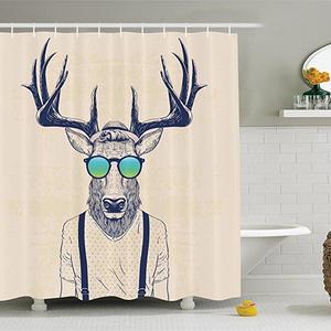 Antlers Decor Shower Curtain by Ambesonne, Illustration of Deer Dressed Up Like Cool Hipster Fashion Creative Fun Animal Art Print, Polyester Fabric Bathroom Shower Curtain Set with Hooks, Beige Black
