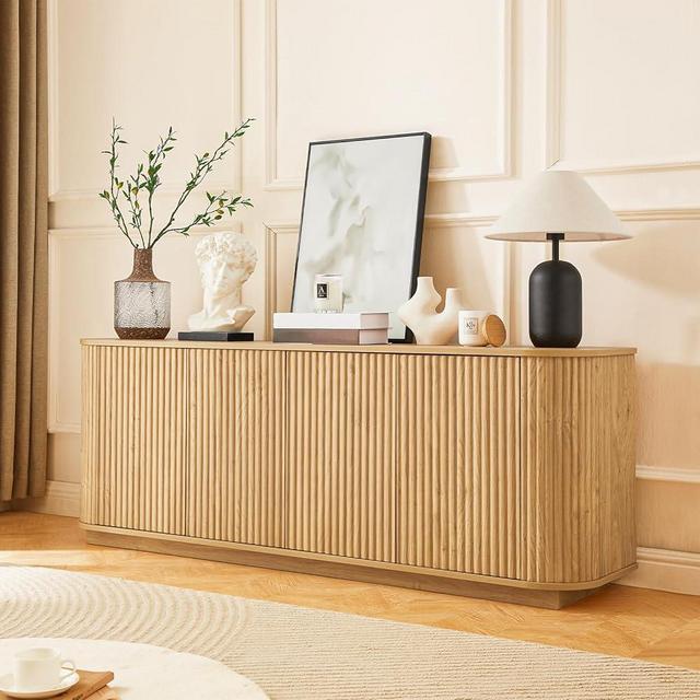 CORAZAZA 64" Fluted Sideboard Buffet Cabinet,Wood Modern Sideboard with Adjustable Shelf, Coffee Bar Storage Cabinet for Living Room,Dinning Room,Kitchen,Entryway(Natural)