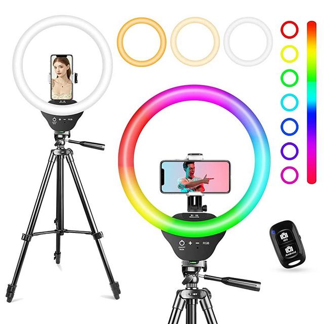 Sensyne 10'' RGB Ring Light with 50'' Extendable Tripod Stand, Circle Lights with Phone Holder for Live Stream/Makeup/YouTube Video/TikTok, Compatible with All Phones