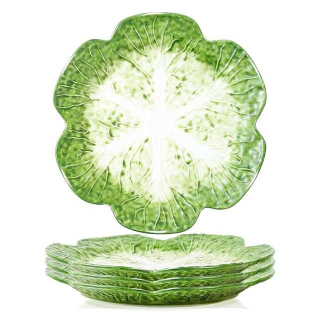 KXZ Set of 4 Green Ceramic Salad Plate, 10.5 Inch Cabbage Plates, Porcelain Decorative Plates for Kitchen, Round Appetizer Bowl for Dessert, Decorative, Dinner, Pancakes, Steak