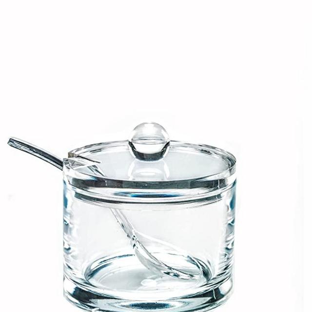 J&M Design Clear Acrylic Sugar Bowl With Lid And Spoon For Coffee , Cereal Bowls , Tea , Countertop Canisters & Baking - 8 oz Container Jar Dispenser Holder - Dishwasher Safe