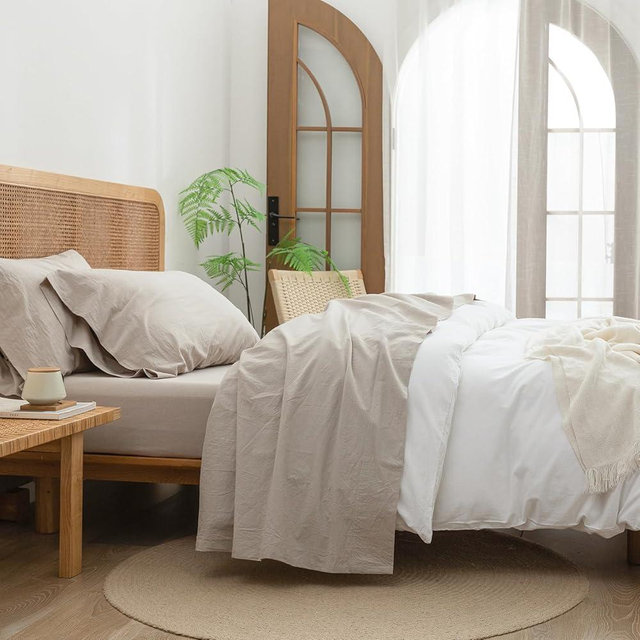 BESTOUCH Sheet Set 100% Washed Cotton Linen Feel Super Soft Comfortable Chic Lightweight 4 Pcs Home Bedding Set Solid Linen Grey King