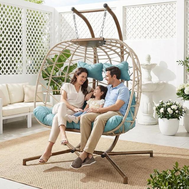 NICESOUL 2 Person Boho Hanging Egg Chair with Stand for Patio, XL Large & Wide All-Weather Cushioned Swing Chair, 700lbs Heavy Duty Rattan Egg Hammock Loveseat for Porch Indoor Outdoor, Turquoise