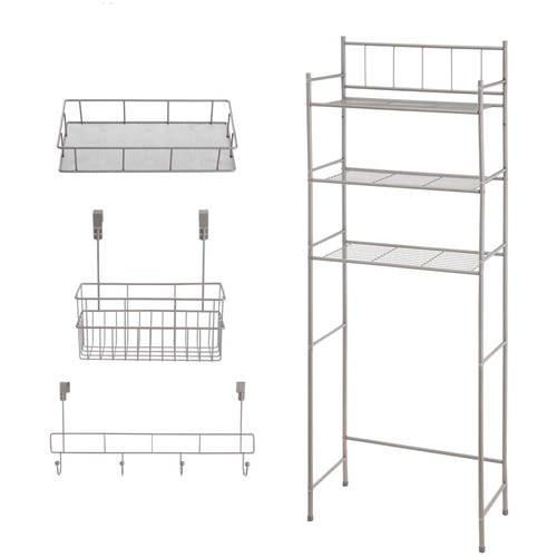 Mainstays 4-Piece Bathroom Storage Set Includes 3-Shelf Over the Toilet Space Saver, Wire Storage Basket, Over the Door Hooks, Hanging Basket Organizer, Satin Nickel