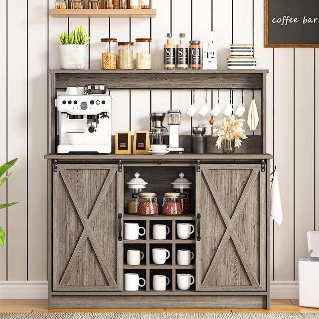 Farmhouse Coffee Bar Cabinet with Storage, Kitchen Buffet Sideboard Storage Cabinet with 6 Hooks, Bar Cabinet with Sliding Barn Door, Gray Coffee Bar with Adjustable Shelf for Dining Living Room