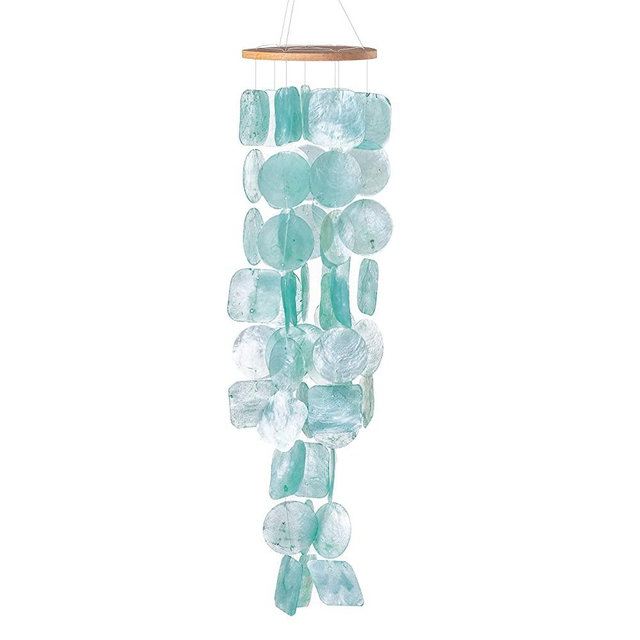 Solange & Frances Shell Wind Chimes. This Capiz Shell Wind Chime is Turquoise and 26 inches Long. This is A Great Gift for Mom. This Outdoors Windchime is The Perfect Chimes Decor.