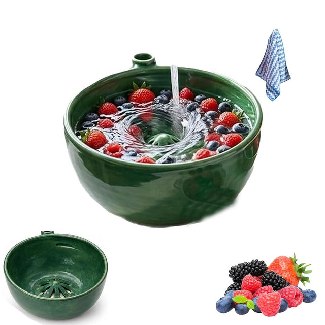 The Original Artisan Swirling Berry Bowl,Self Spinning Berry Bowl,Hydro Bowl Fruit Wash Ceramic,360 Degree Cleaning Berry & Vortex Fruit Washer Bowl,Stoneware FruitRinse Bowl for Kitchen Counter (1)