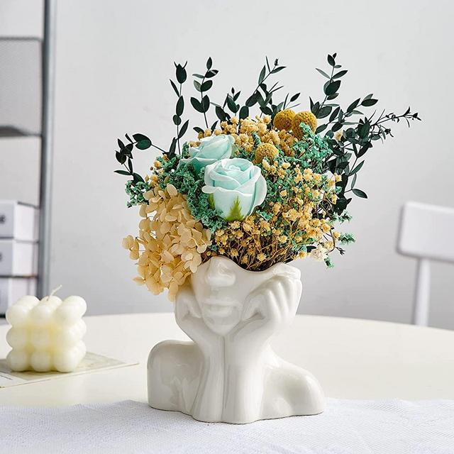 FJS Ceramic Face Vases, White Flower Vases for Decor, 5.3" W x 4.7" H Modern Decorative Vase Centerpiece for Table Shelf Living Room Office Bedroom