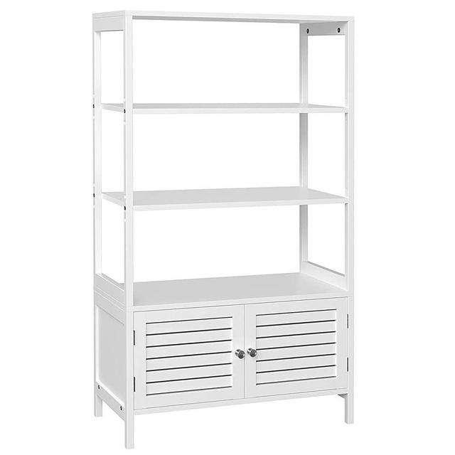 SONGMICS Bathroom Cabinet, Free-Standing Tall Storage Cabinet with 3 Shelves and Double Doors, Linen Tower, Bamboo, Living Room, Kitchen, White UBCB010W01