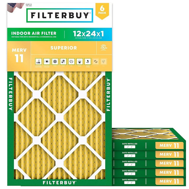 Filterbuy 12x24x1 Air Filter MERV 11 Superior Pet & Allergy Defense (6-Pack), Electrostatic Pleated HVAC AC Furnace Filters Replacement (Actual Size: 11.50 x 23.50 x 0.75)
