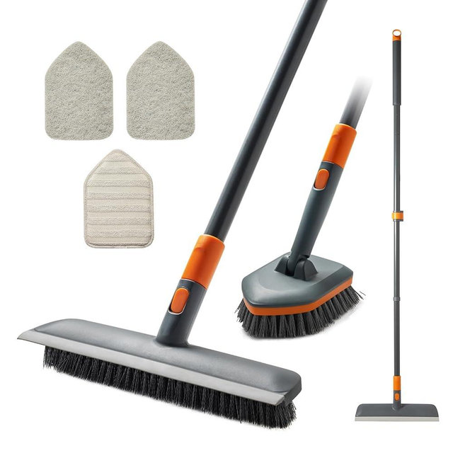 CLEANHOME Floor Scrub Brush Tile Tub Scrubber Brush with 4 Different Cleaning Heads, Shower Brush with 56” Extendable Long Handle, Scrubbers for Cleaning Kitchen, Bathroom, Tub, Tile, Wall