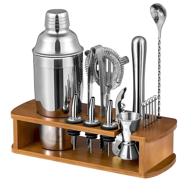 16 Piece Bartender Kit with Bamboo Stand | Cocktail Shaker Set Essential Bar Tools Wine Shaker Ice Filter Mixing Spoon Jigger Wine Dispenser