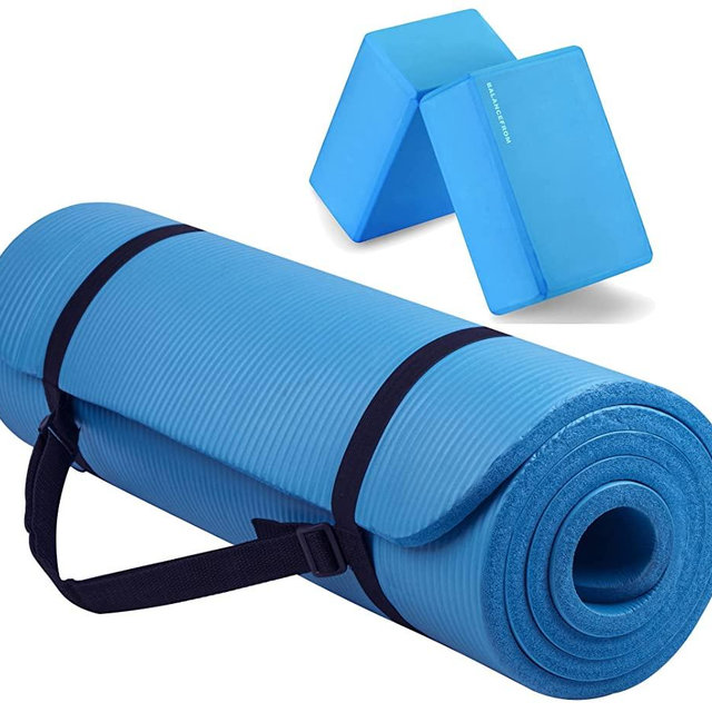 BalanceFrom All Purpose 1/2-Inch Extra Thick High Density Anti-Tear Exercise Yoga Mat with Carrying Strap and Yoga Blocks