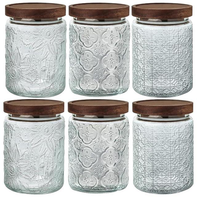 24 OZ Airtight Glass Storage Jar with Bamboo Lid - Vintage Glass Jar Vintage Food Containers Canisters Set for Kitchen Counter & Pantry - Ideal for Sugar, Flour, Coffee, Tea, Candy, Oats -6 Pack