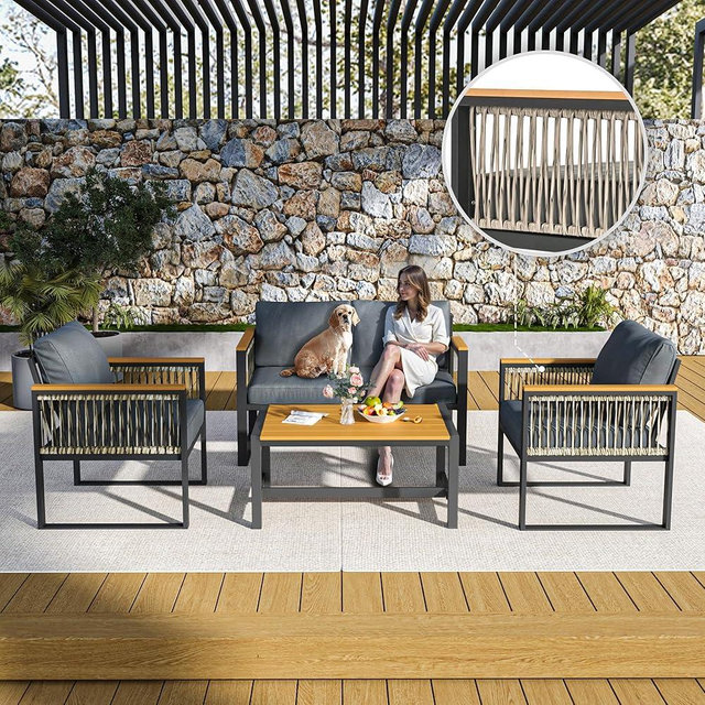 Pamapic 4 Pieces Outdoor Patio Furniture Set with Wicker Handrails, Plastic-Wood Balcony Furniture with Wicker Arm Panel, All-Weather Metal Outdoor Furniture Set with Cushion and Coffee Table