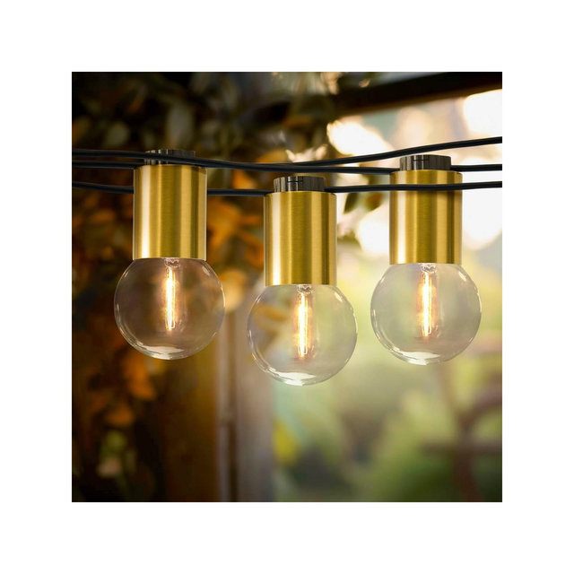 Brightech 12-Bulb LED Glow Antique Brass 1W 26ft 2700K G40 Indoor Outdoor Plug-in Orb and Globe String Lights Clear Bulb Black Wire